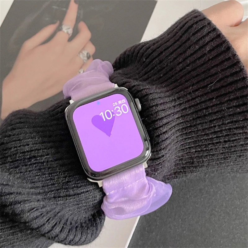 Cute Ribbon Elastic Scrunchie Band For Apple Watch 9 8 7 6 5 4 3 2 SE Ultra Korea Lady Soft Strap For iWatch 41mm 49 45 42 40 38