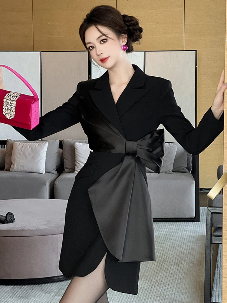 Women's Elegant Professional Formal Dress Celebrity Black Big Bow Hollow Cut Out Slit Short Gown Party Business Vestidos Mujer