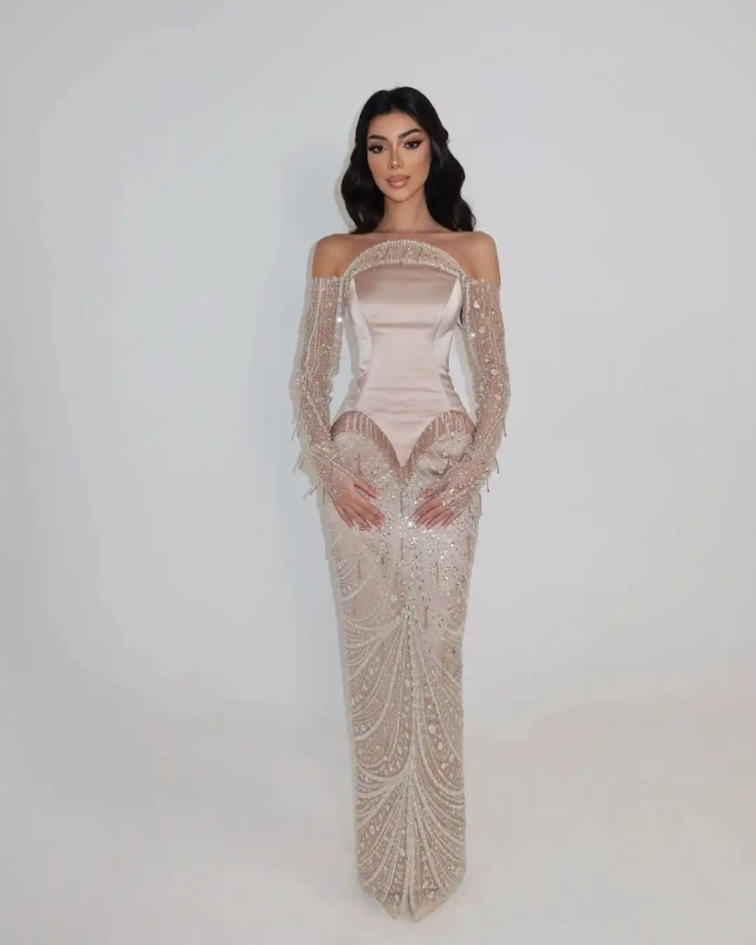 

Elegant Pink Off-Shoulder Mermaid Evening Dresses Satin Floor Length Beaded Sheer Sleeves Formal Dress Wedding Lace Prom Dress