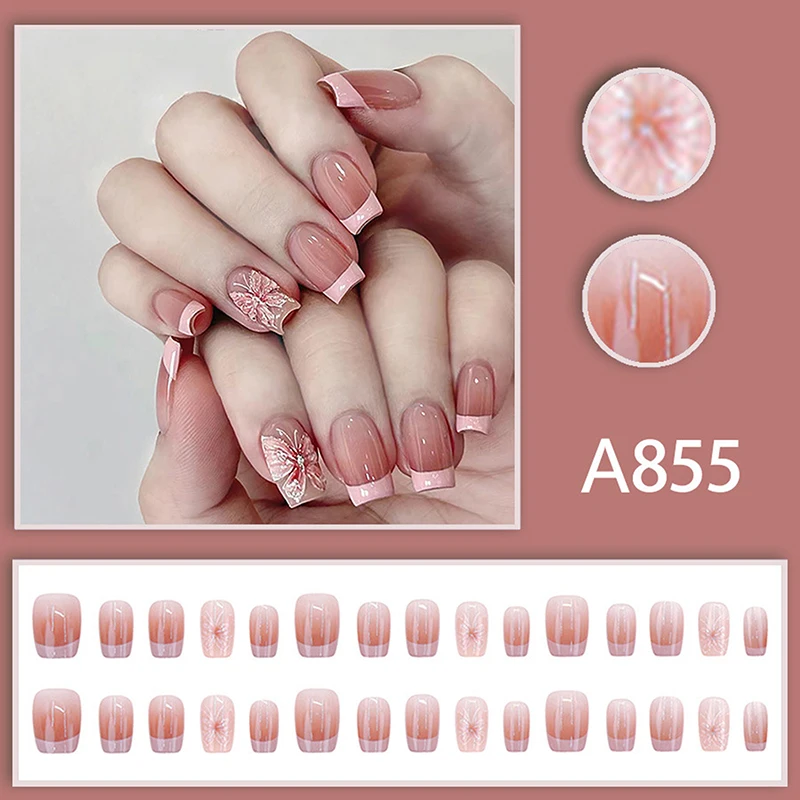 30 pièces rose français papillon court tête carrée presse sur faux ongles avec colle paillettes conception détachable faux ongles
