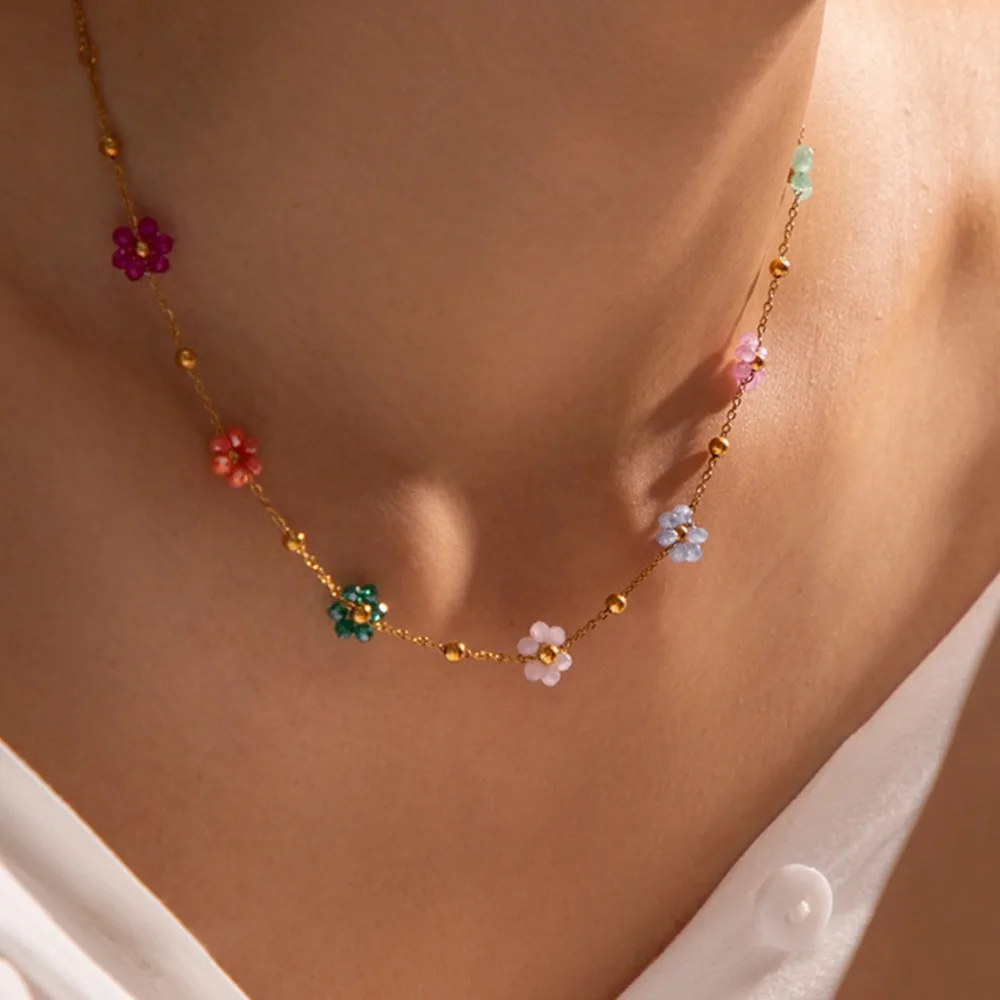 Cute Romantic Colorful Crystal Flower Pendant Necklace for Women Charm Gold Color Stainless Steel Choker Bracelet Jewelry Set