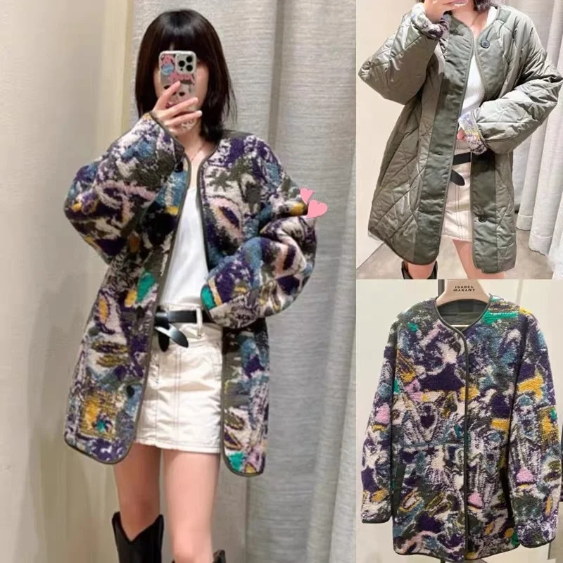 

Retro Camouflage Double-Sided Wear eepskin Jaet Loose Cotton Coat Women round Ne Mid-Length Outerwear Autumn Winter