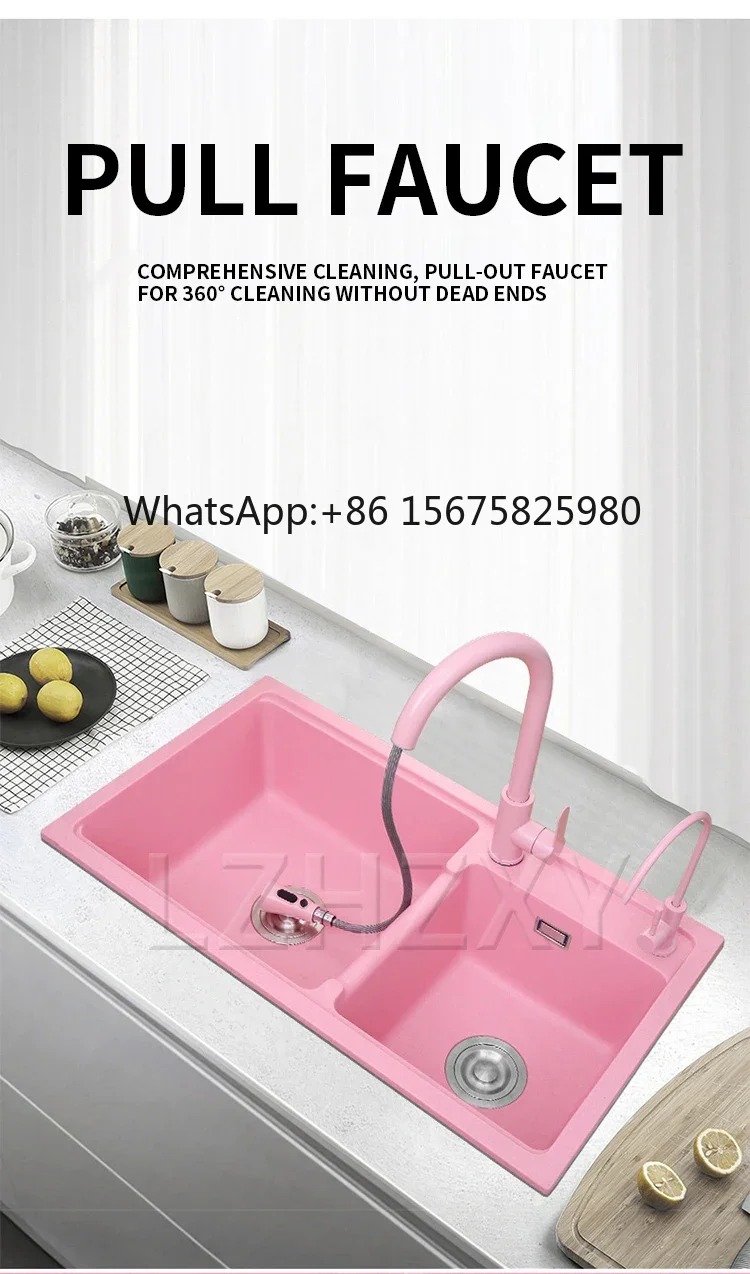 Granite Quartz Stone Pink Kitchen Sink Double Bowl 7541/7843/80*45CM H ousehold Dishwashing Basin