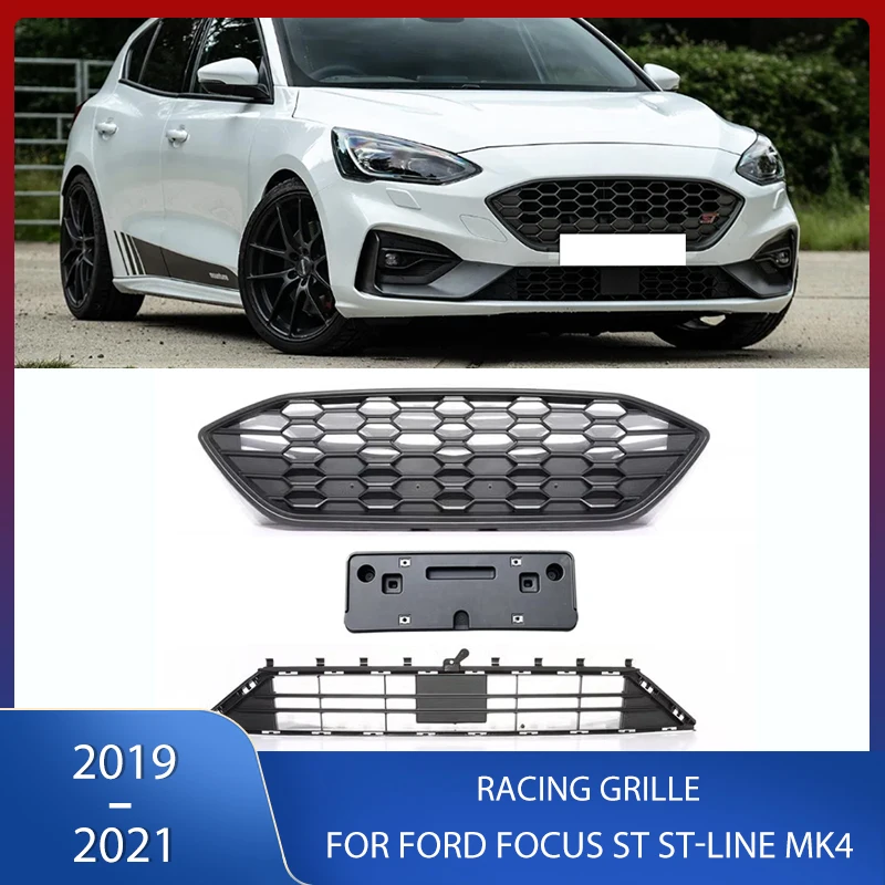 

Bumper Upper Lower Racing Grill Grille License Plate Bottom Plate Matte Black For Ford Focus ST ST-Line 2019 2020 2021 MK4