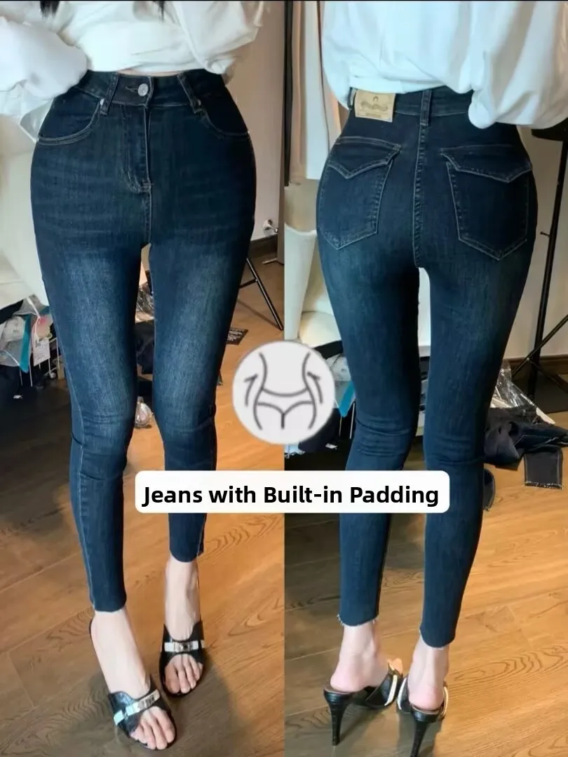 

Deep Blue High Waist Women's Jeans with Hip Padding Tight Fit Body a Nine Point Cuffed Bootcut Casual Cotton Stretch Denim