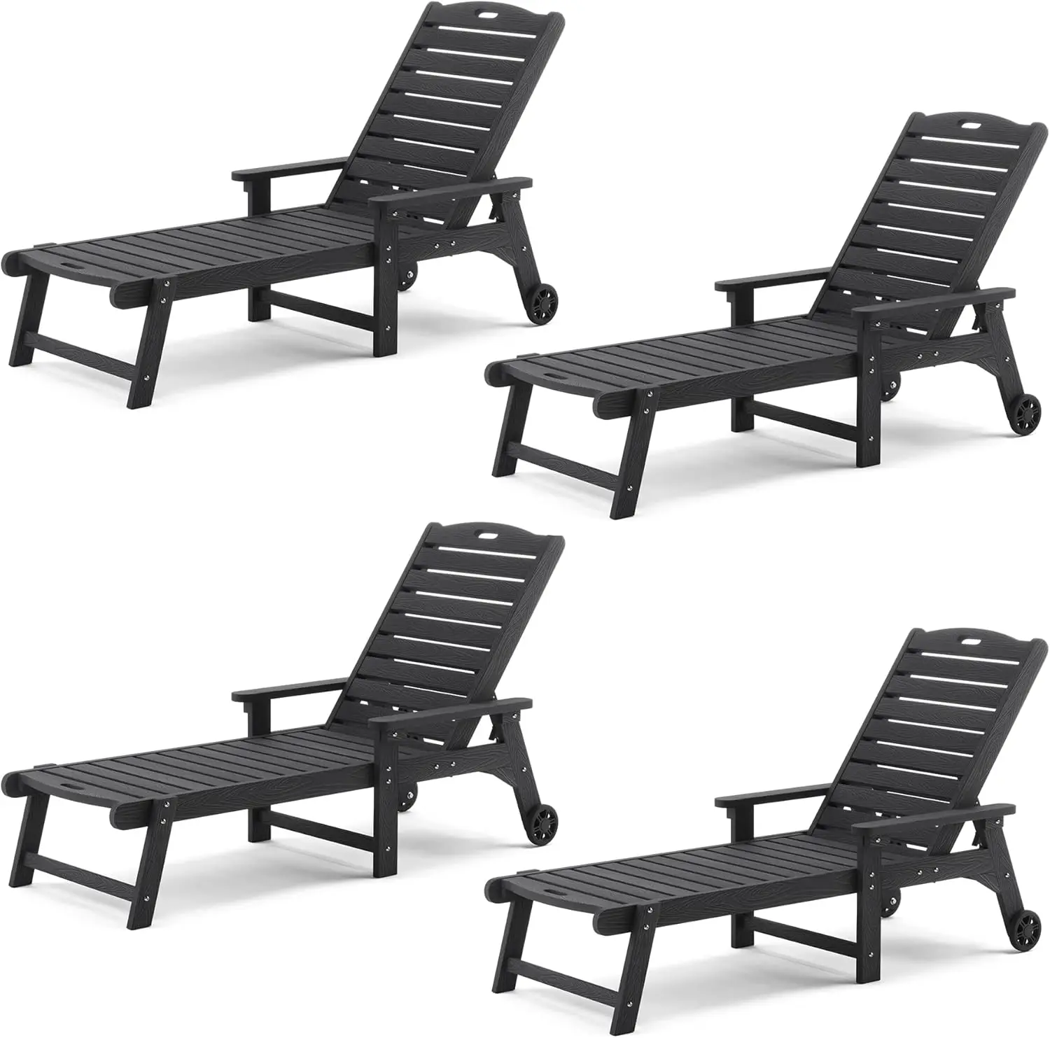 Outdoor Chaise Lounge Chairs Set of 4 HDPS Material Patio Lounge Chair with Adjustable Backrest Black