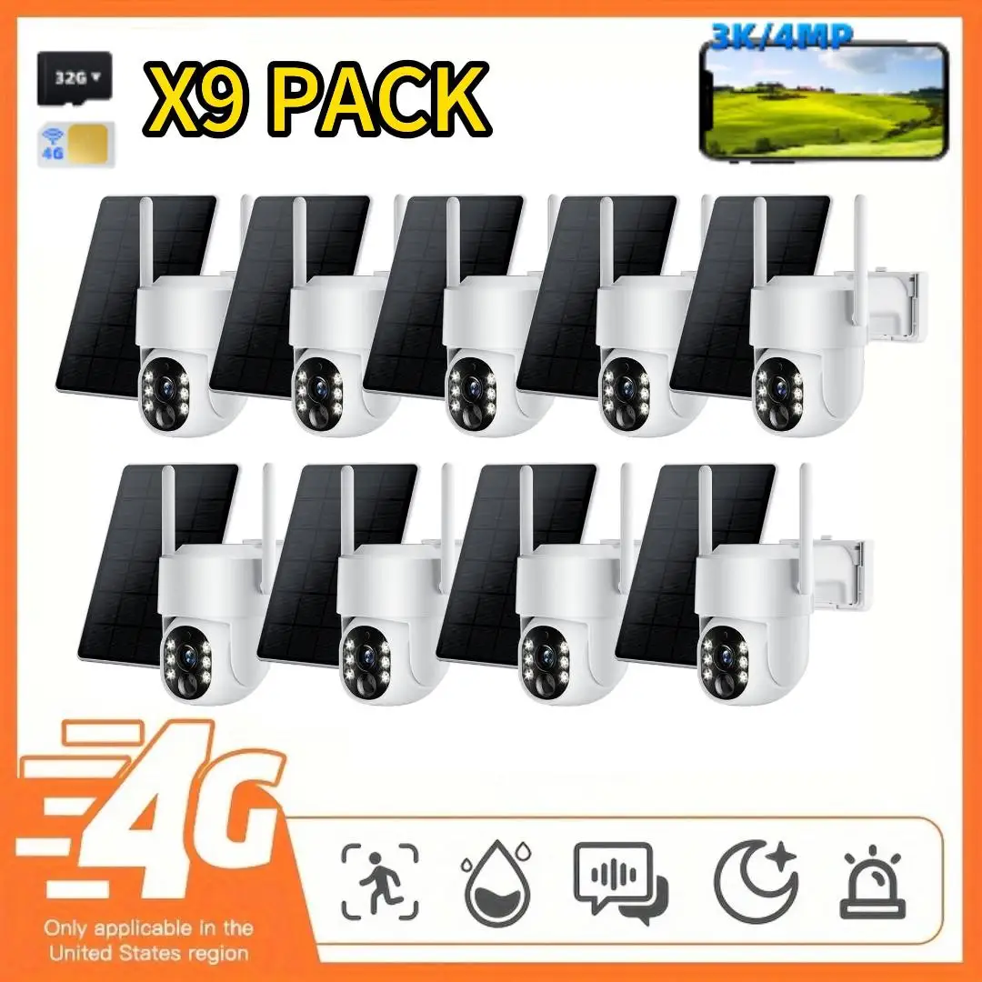 

9PCS Solar Camera 4G LTE 4MP 3K No WiFi 360° AI Tracking Color Night Vision Built-in 4G SIM & SD
