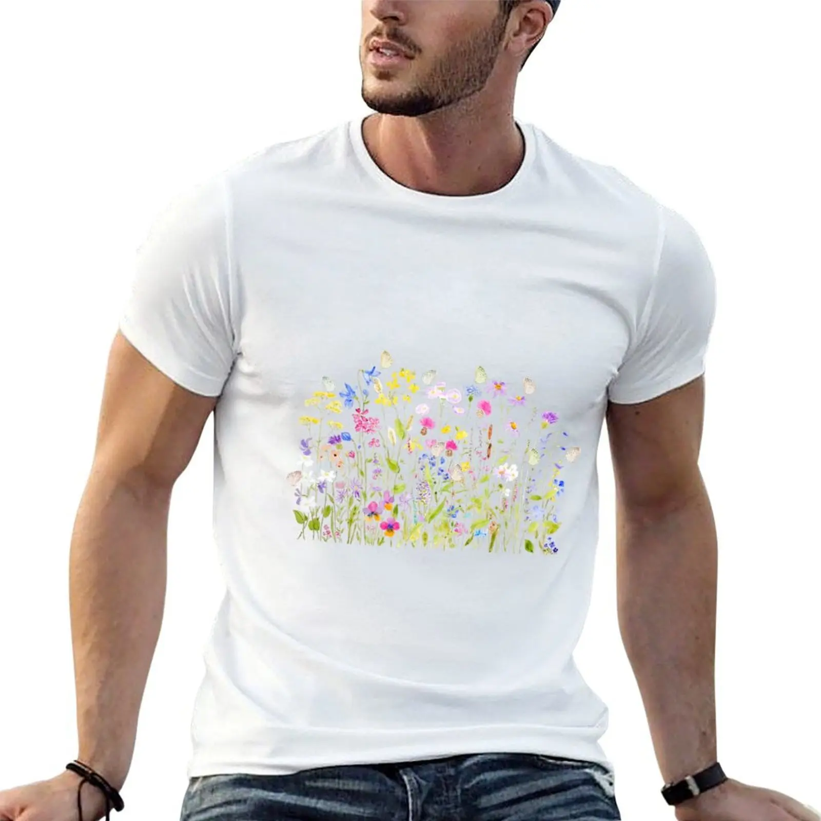 butterflies and summer meadow watercolor hand painted T-Shirt street wear clothes mens vintage t shirts