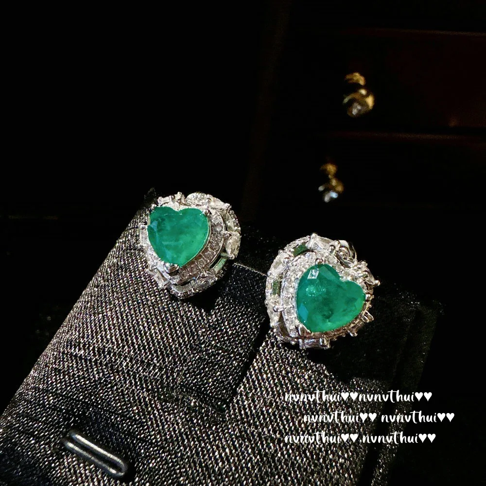 Romantic Heart Shape Emerald Tourmaline Designer Jewelry Set for Women Luxury Retro Platinum Plating Ring Earring Necklace Chain