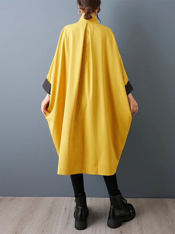 SuperAen الربيع والخريف جديد فضفاض الوقوف طوق الألوان المتناقضة Batwing الأكمام عارضة أزياء غير المتكافئة معاطف طويلة