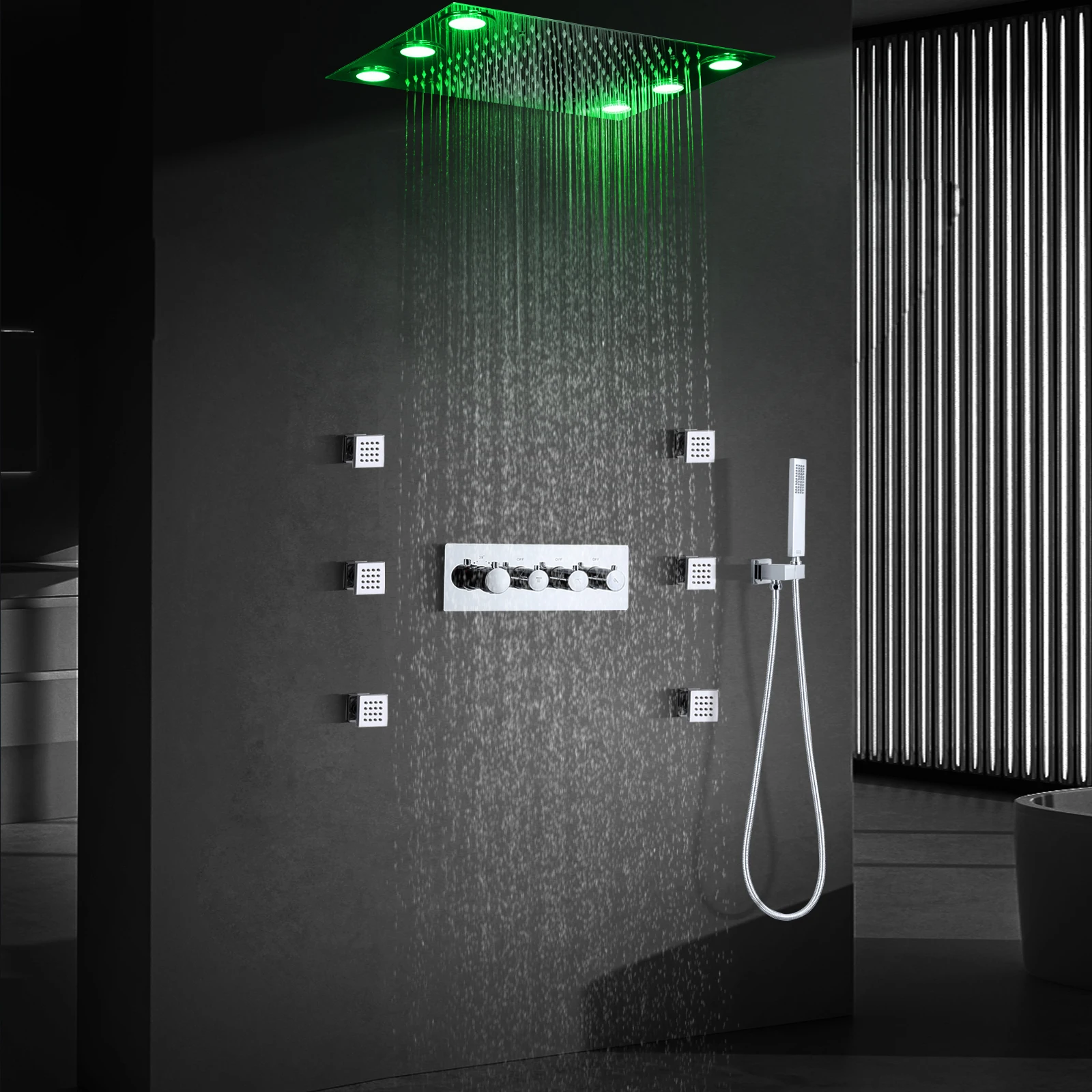 Ceiling Embedded 50*36CM Rainfall LED Shower Head Bathroom Thermostatic Shower System Set With Massage Shower Nozzle