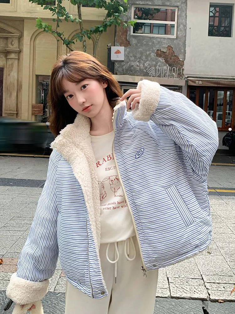 Cute Faux Lamb Parkas Women Winter Warm Preppy Style Striped Cotton Coat Fashion Thick Double Sided Loose Stand Collar Jacket