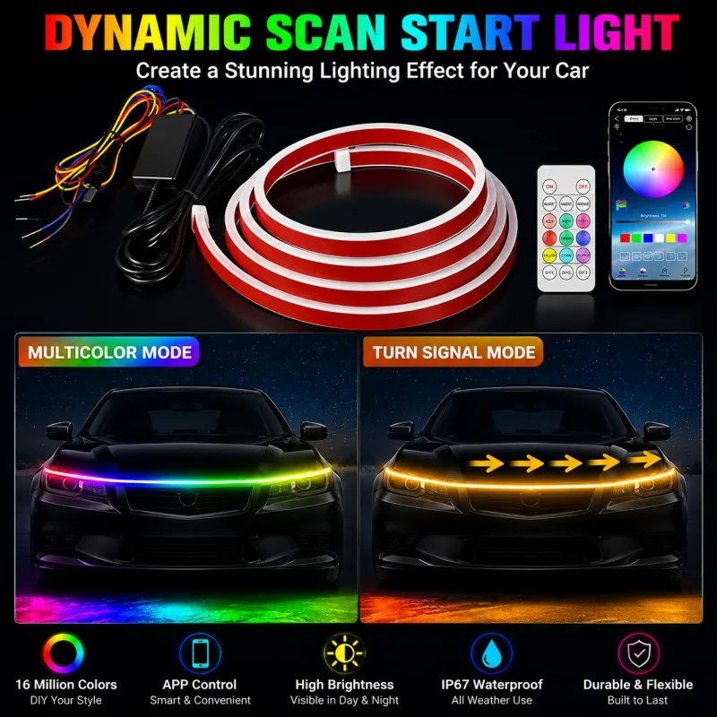 CF LED Daytime Running Light Scan Starting Car Hood Decorative Lights DRL Auto Engine Hood Guide Decorative Ambient Lamp 12V