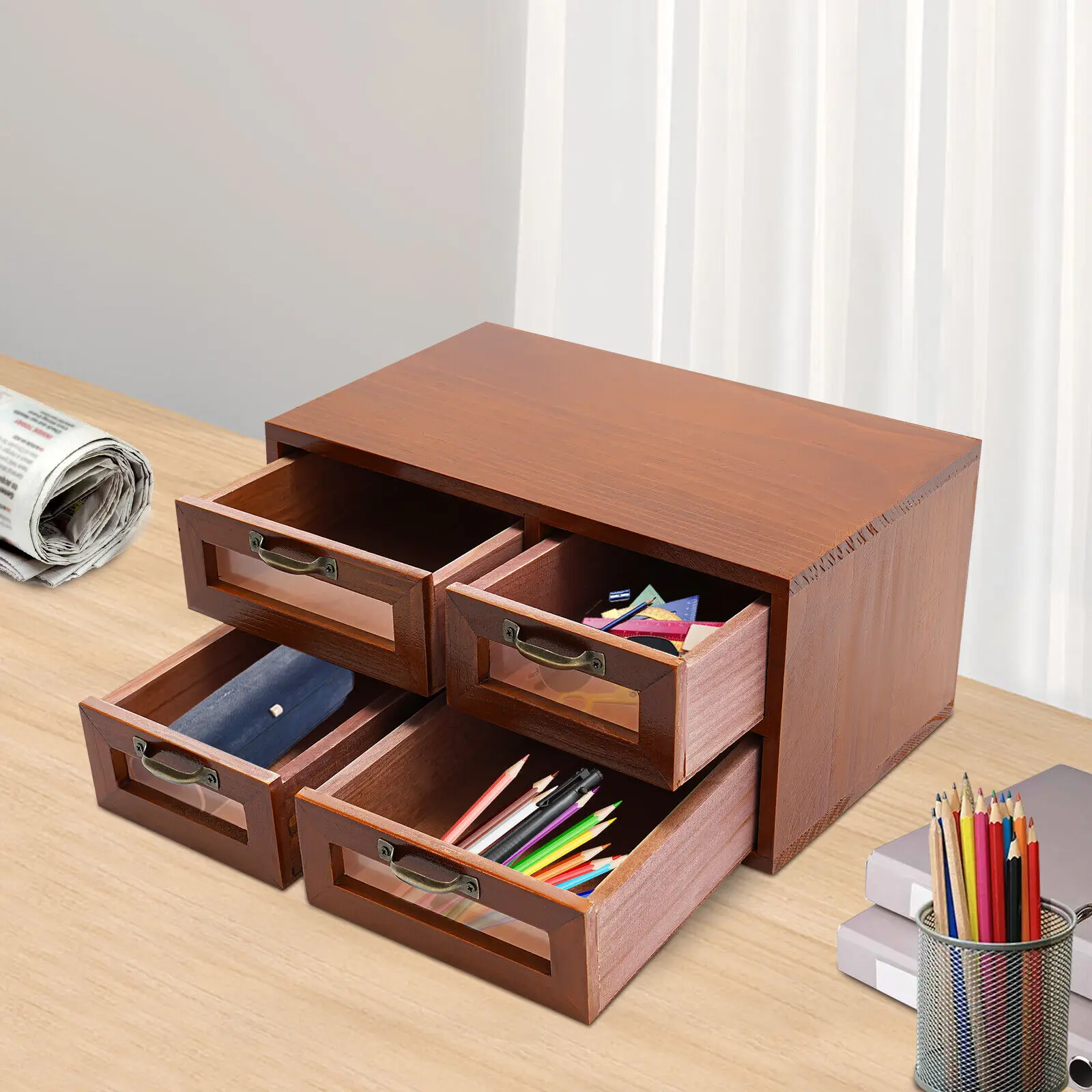 30*18cm Rectangle Tabletop Wooden Desktop Storage Cabinet Storage Box with 4 Drawer Dresser Kitchen Medicine