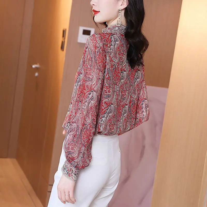 Fashion Vintage Paisley Printed Chiffon Shirt Spring Autumn Lace Embroidery Female Elegant Hollow Out Loose Stand Collar Blouse