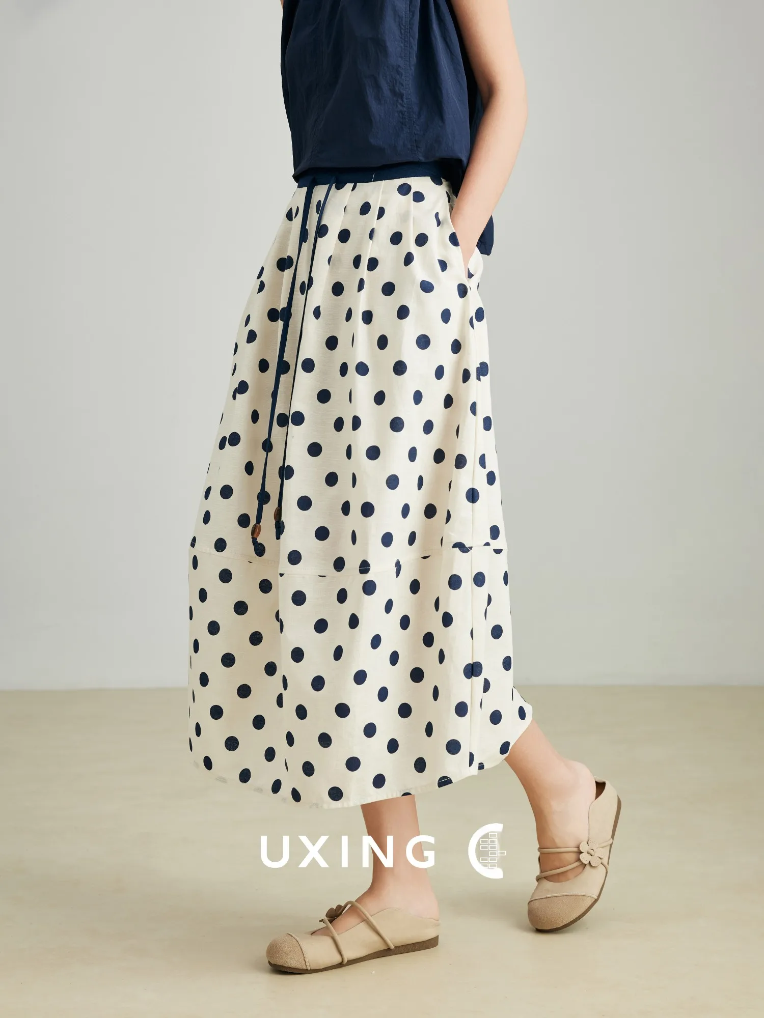 

Faionable Polka Dot Cotton Linen Midi Skirt Women's Commute Sle High Waist Straight Cut Summer New Arrival Skirt