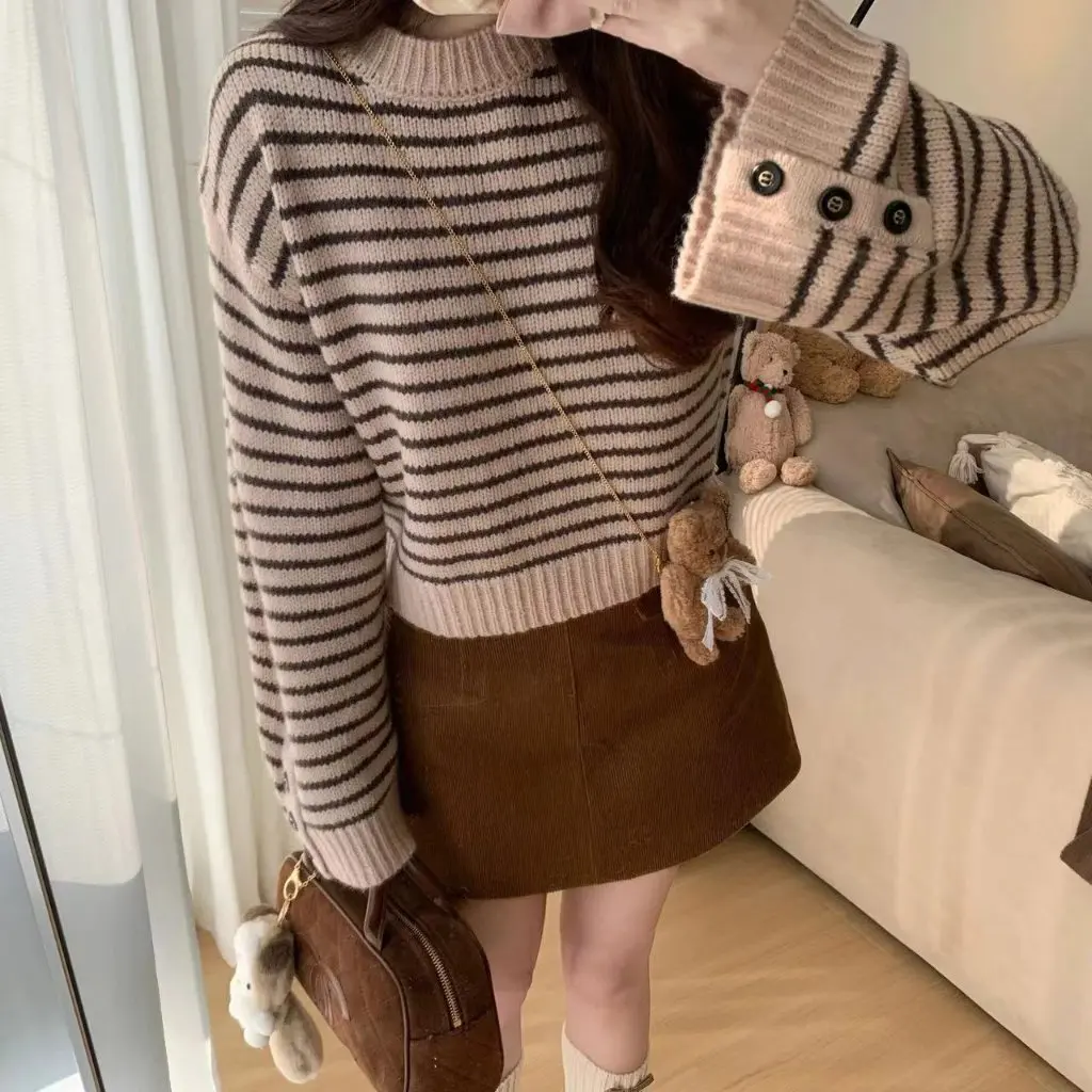 

Women's Loose Knitted Stripe Sweater Autumn Winter New Style Fashionable Base Layer Shirt Inner Wear Turtleneck Top