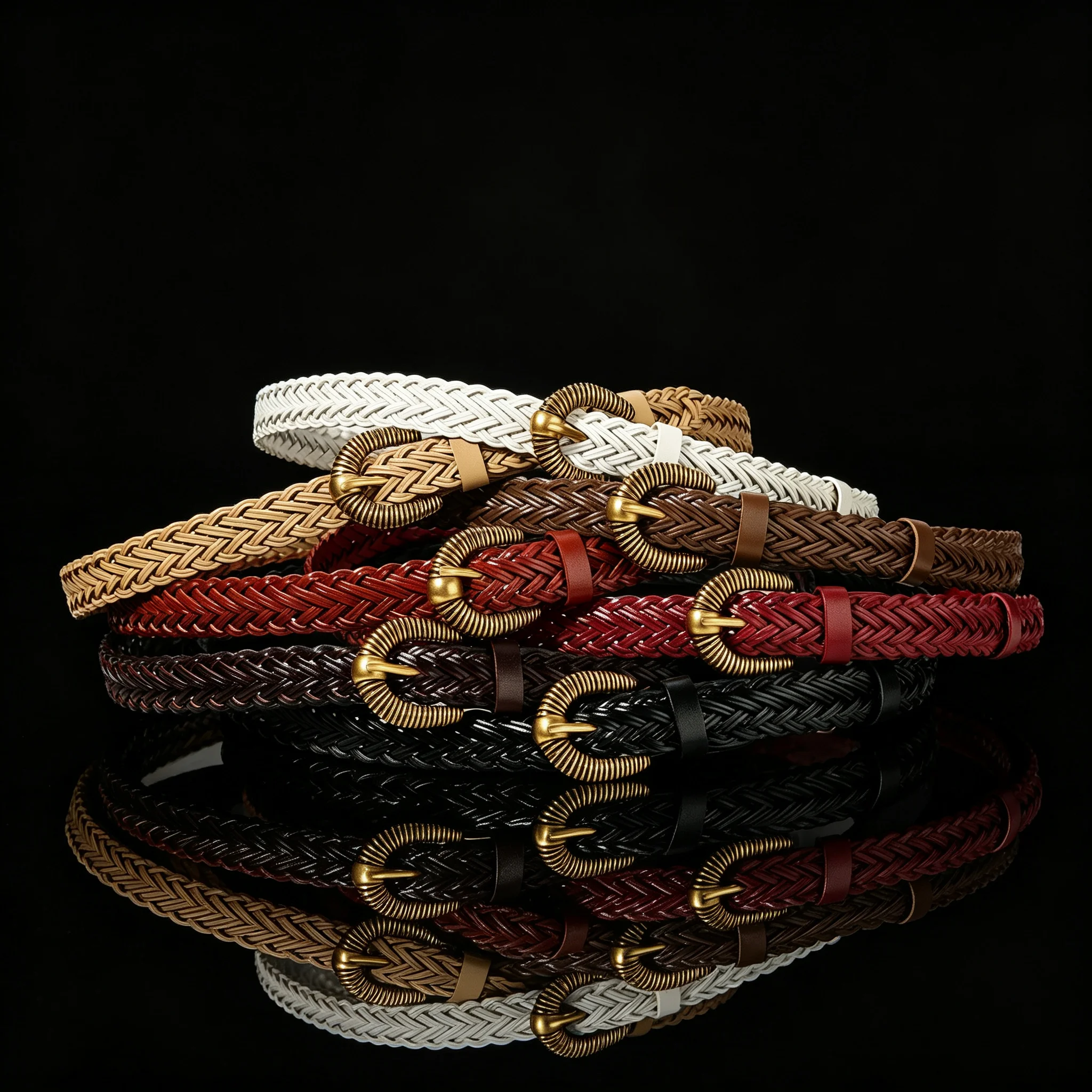 Vintage Braided Thin Belt for Women Retro Gold Metal Horseshoe Buckle Adjustable Decorative Waist Strap Suitable for Dress Jeans