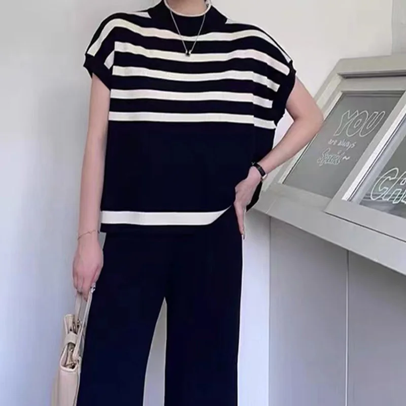 Women\'s 2024 New KPOP Fashion Style Retro Loose Casual Pant Suit Office Lady Striped Knitting Cotton Linen Solid O Neck Chic Top