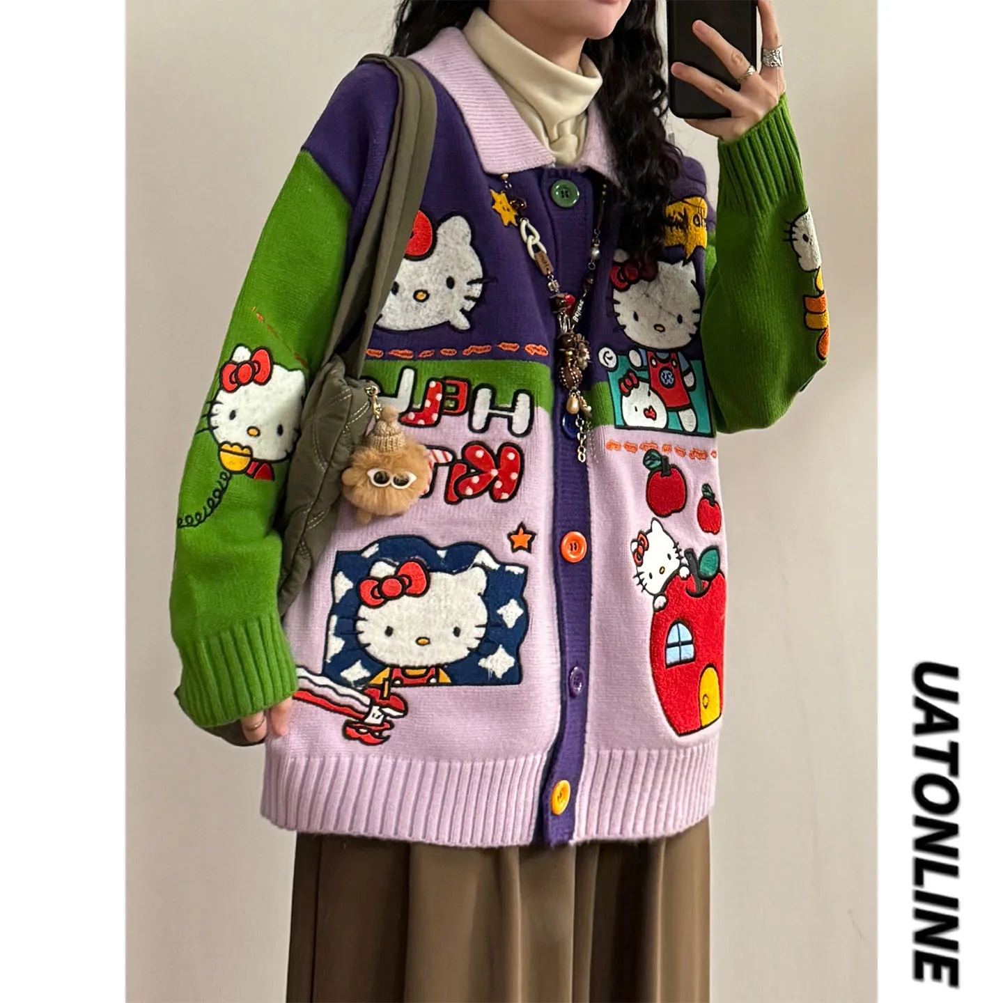 

UATONLINE Осенне-зимний утепленный вязаный кардиган с вышивкой и цветовыми блоками для женщин, свободный крой, удлиненный, в уличном стиле