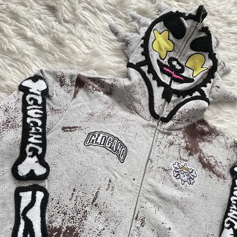 High Street Glo Gang The Glory Full Zip Sweatshirts Embroidery Splicing Sleeve Hooded Men Women Clothes