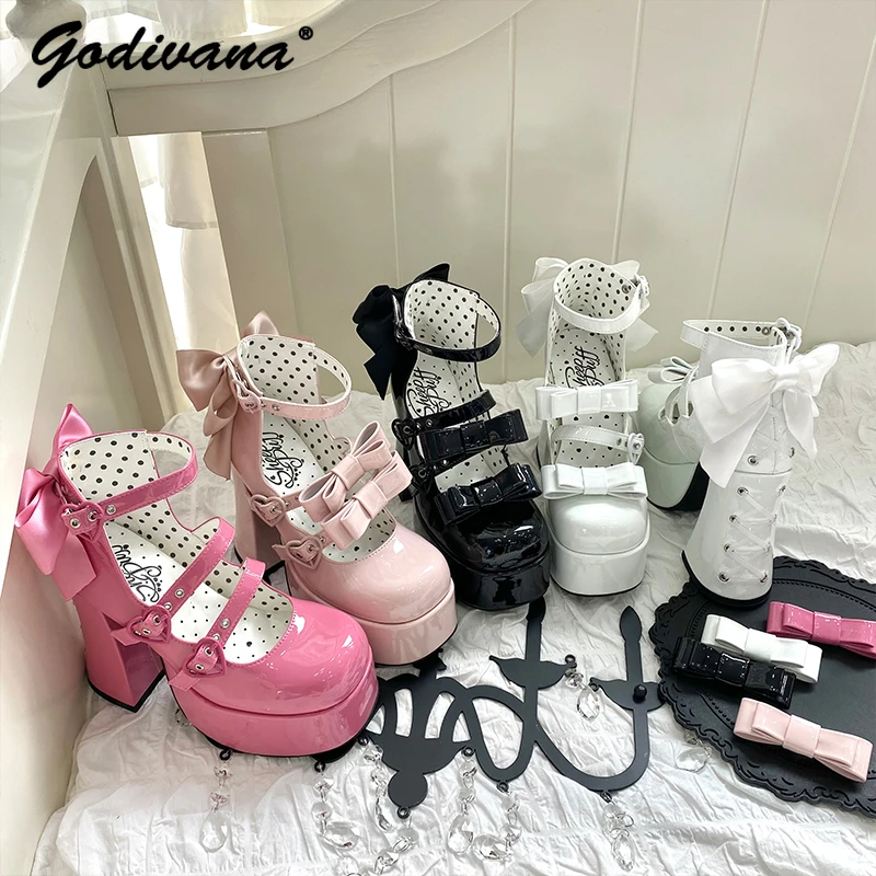 

Lolita Bowknot Sweet Cool Hot Girl Mary Janes Shoes Ladies Elegant Leather High Heels Spring Summer Paltform Pump Shoes