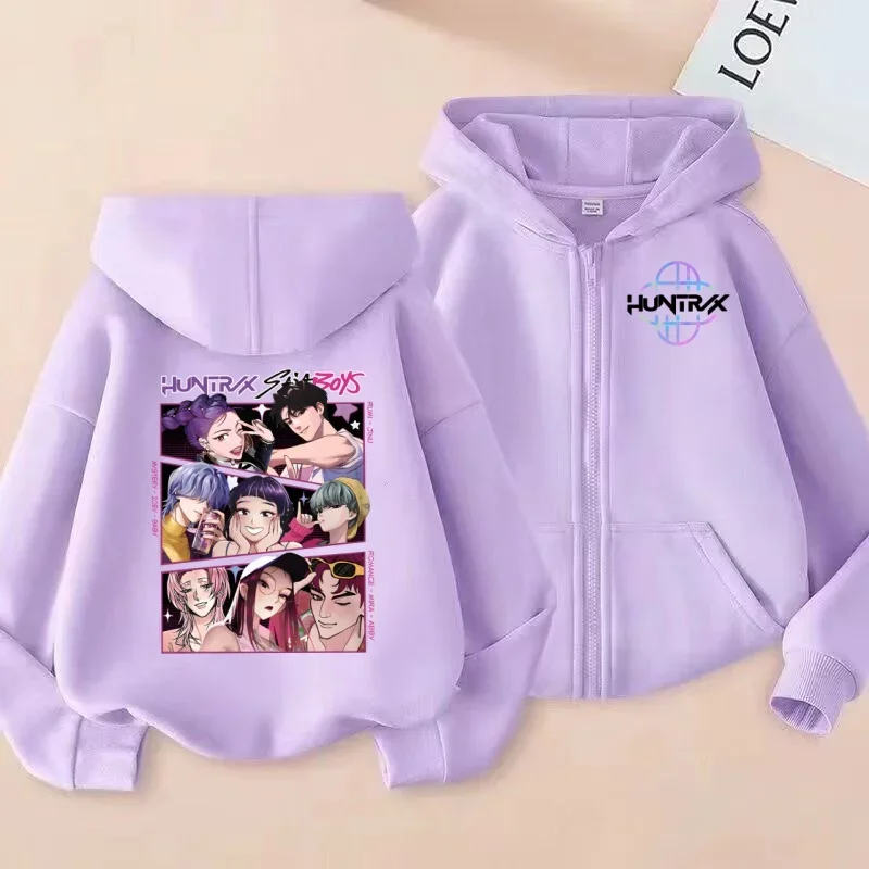 سترة بسحاب مطبوع على طراز HUNTRX الكوري، سترة صوفية بغطاء للرأس على طراز فتاة حلوة ورائعة