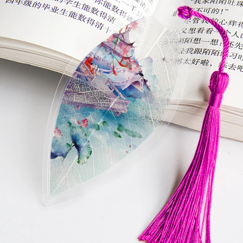 Chinese Style Leaf Vein Bookmark Pink Girl Heart Antique Landscape Bookmark Office School Student Gift Stationery Supply