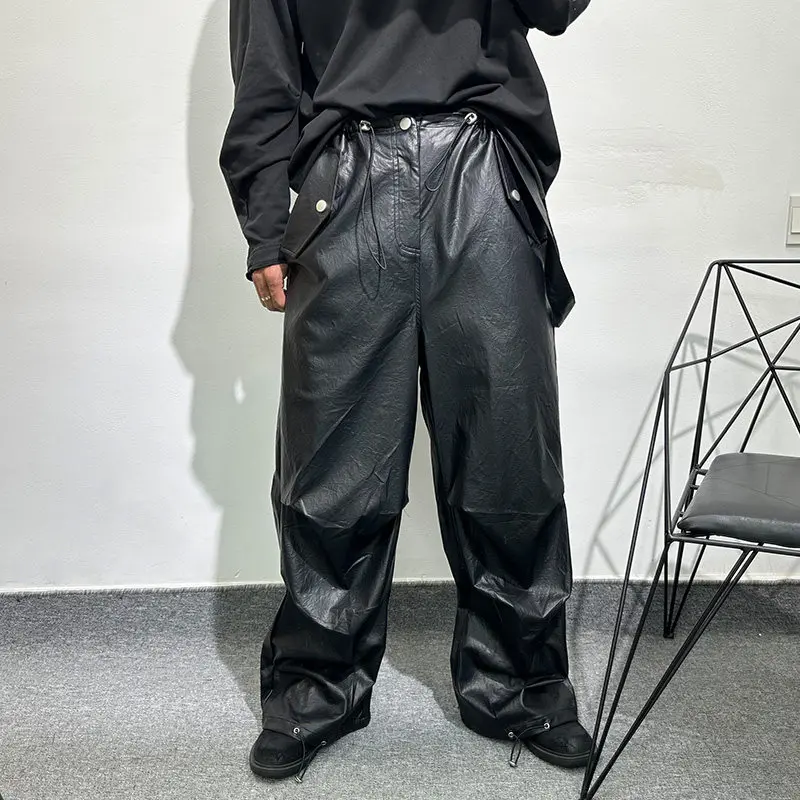 Avant-Garde Leather Pants Men's Niche Dark Design Sense Loose Pleated Wide-Leg Popular Retro Fashionable Straight-Leg