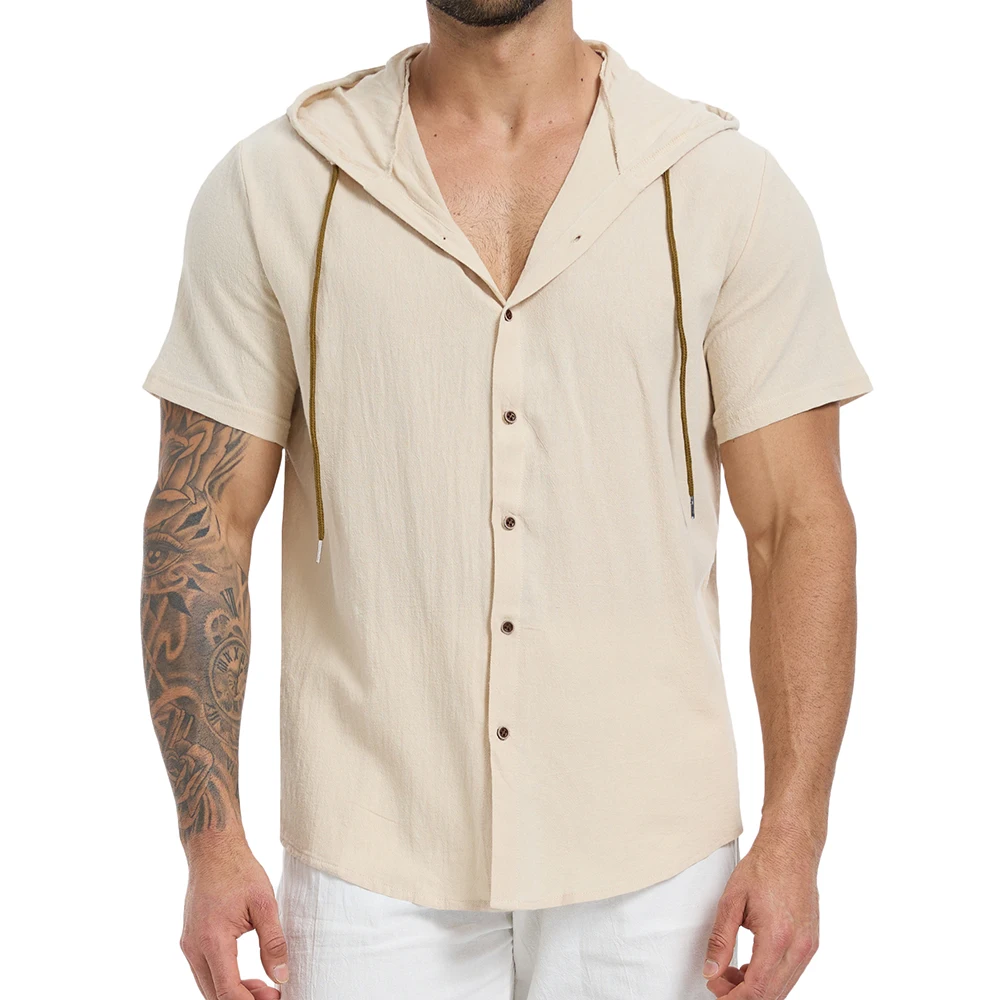 

Men's Hooded Short Sleeve Shirt Cotton Linen Cozy Solid Color Tops Single Breasted Stylish Shirts Breathable Fashion Streetwear