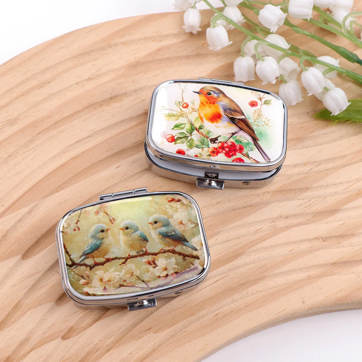 Vintage Bird Metal Pill Box Portable 2-Compartment Mini Medicine Case Pocket Tablet Storage Organizer for Travel Purse