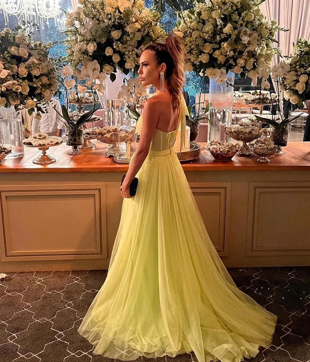 Customized Yellow One Shoulder Prom Dresses For Party Tulle Front Side Split Evening Women Dresses 2025 Bow Tie Elegant Gowns