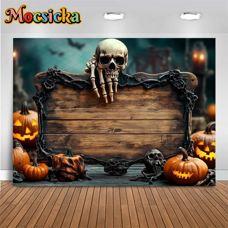 Mocsicka ハロウィン写真背景撮影プロップカスタマイズされた木板スケルトンジャックオーランタンパーティー装飾背景写真撮影