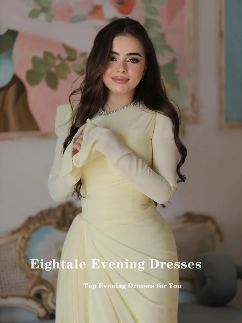 

Eightale арабское вечернее платье с круглым вырезом и бисером трапециевидной формы на заказ шифоновое желтое платье с длинными рукавами и складками для выпускного вечера, свадебное платье