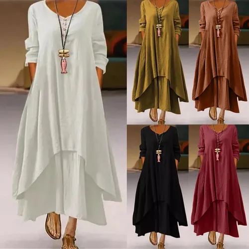 Vestidos elegantes de lino y jengibre para mujer, vestido bohemio con capas Vintage, vestido largo holgado de manga larga, Vestidos de otoño para mujer