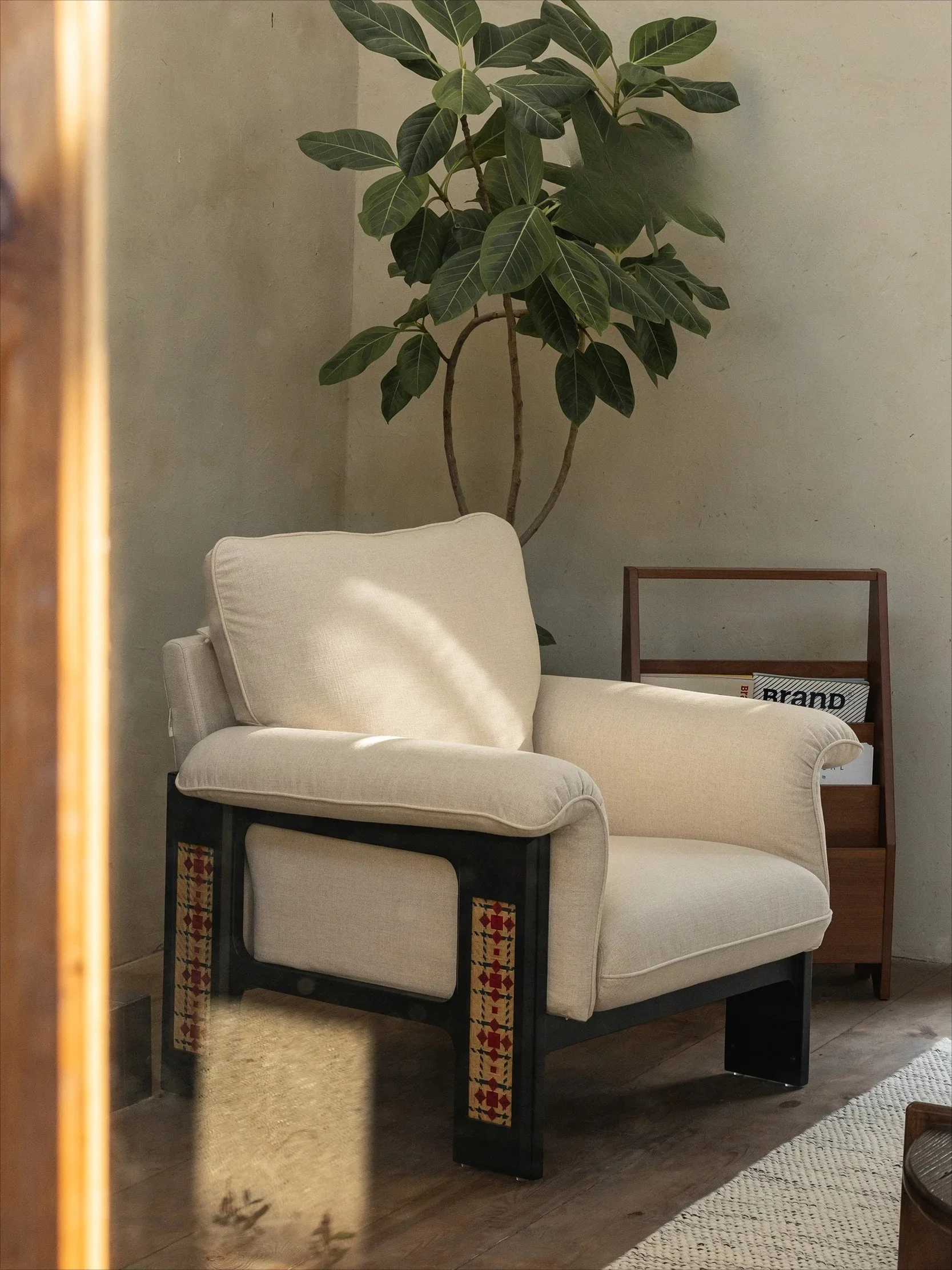 Yunsha chair intangible cultural heritage bamboo woven single cotton and linen fabric sofa French retro solid wood leisure chair