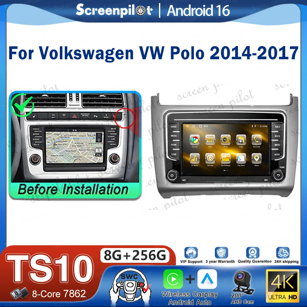 Android 16 For Volkswagen VW Polo 2014-2017 Car Radio Stereo Head Unit CarPlay Auto Radio Touch Screen Carplay Wifi 8 Core GPS