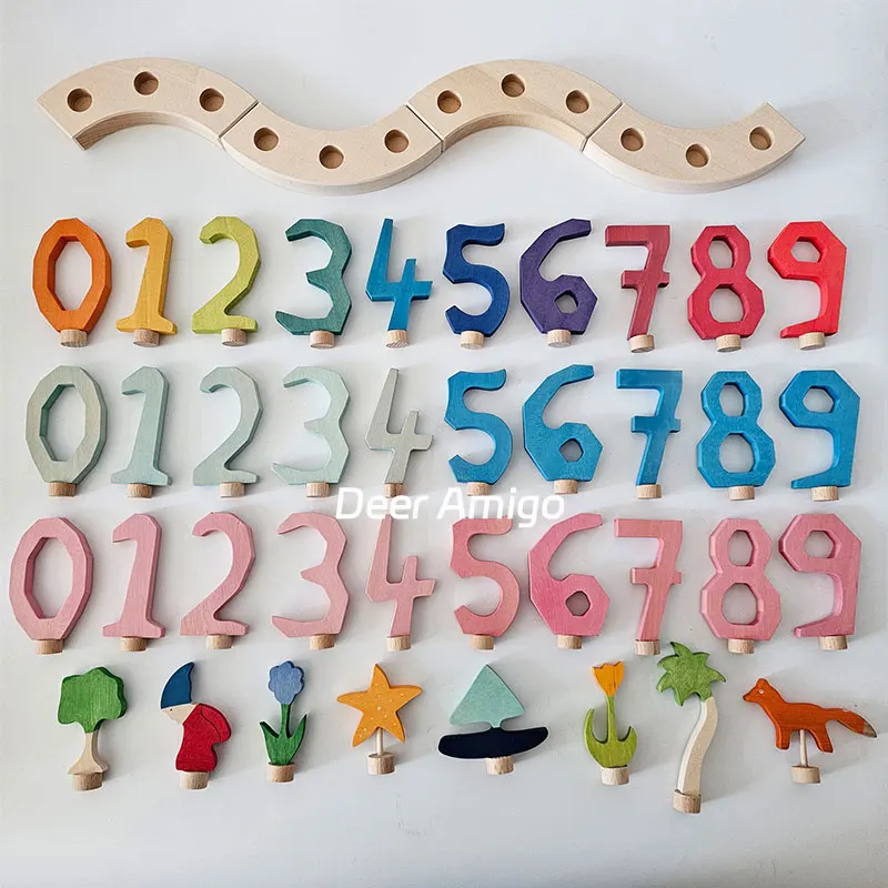 Rainbow Number Celebration Ring Figures Waldorf Wooden Birthday Ring Ornaments Candle Holder Decorations Toys for Children Gift