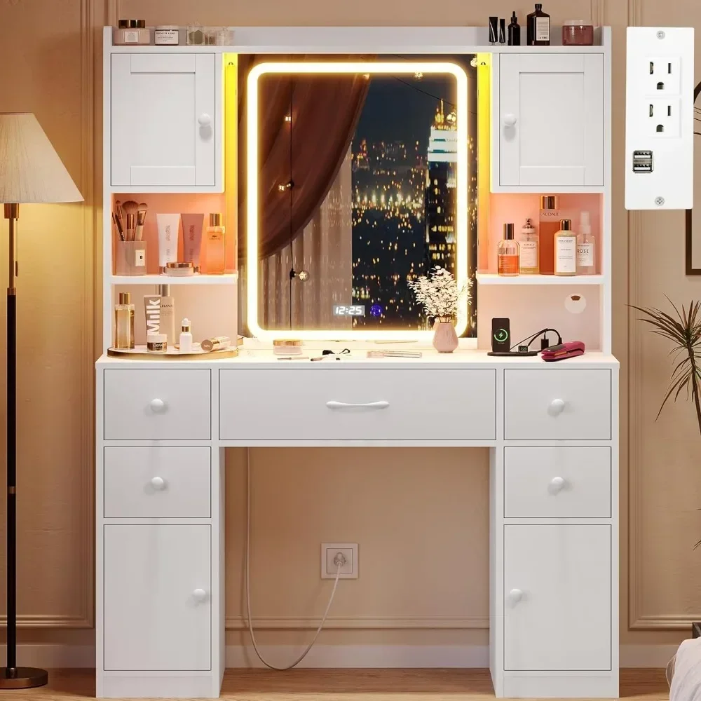 

Vanity Desk with Mirror and Lights, Large Makeup Vanity with Lights & Charging Station, Dressing Table with 5 Drawers,4 Cabinets