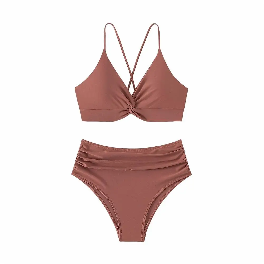 Women's 2-Piece Swimsuits Cross Lace Up Bikini Swimsuit Solid Color Bathing Suit Twist High Waist Bikini Set