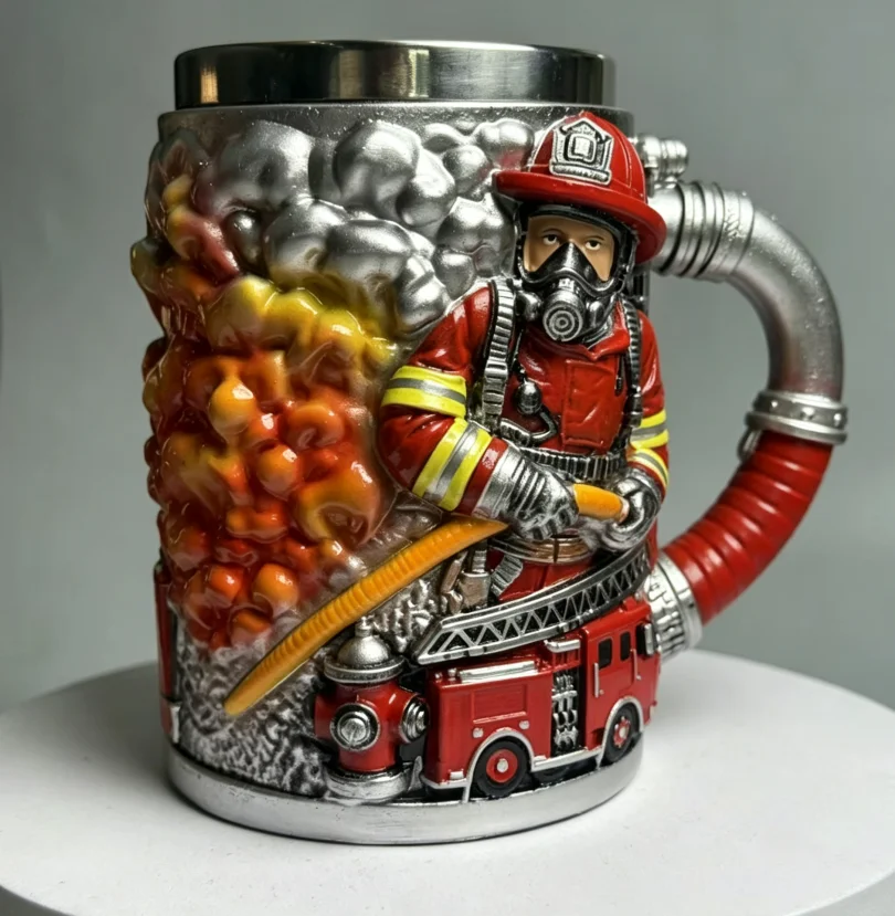 3D Sculpted Firefighter Resin Beer Mug, Stainless Steel Liner Tankard, Fireman Hero Souvenir, Bar Home Decor Drinkware Gift