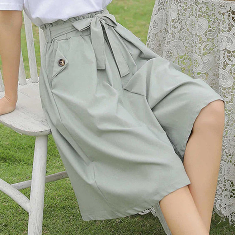 Baggy Shorts Women Lace-up Summer Knee Length Pockets Streetwear All-match Simple Casual Trousers Korean Style Students Tender