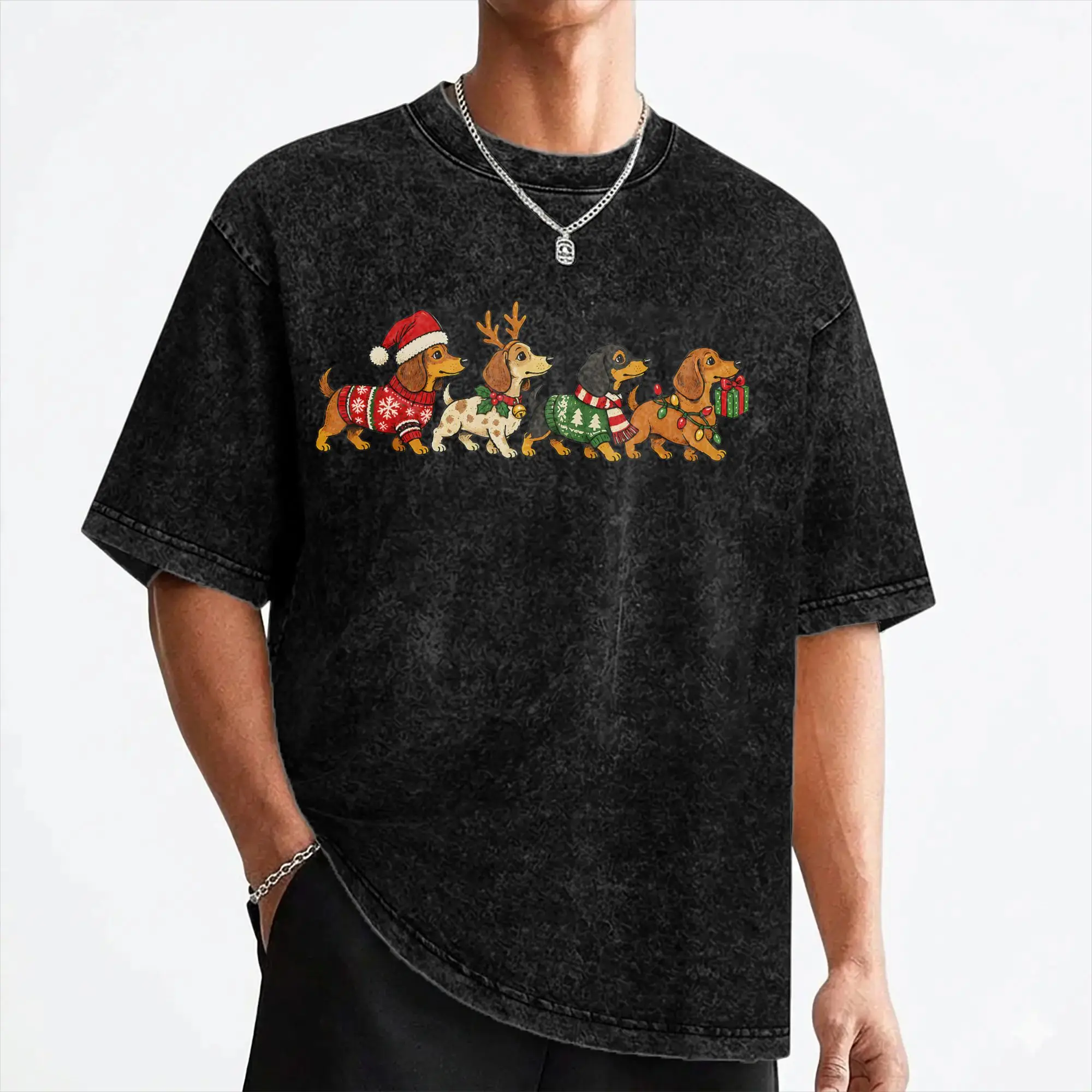 Cartoon Dachshund Christmas Cute Puppies T Shirt Washed 100% Cotton Oversize T-Shirt for Men Women Streetwear Summer Tees