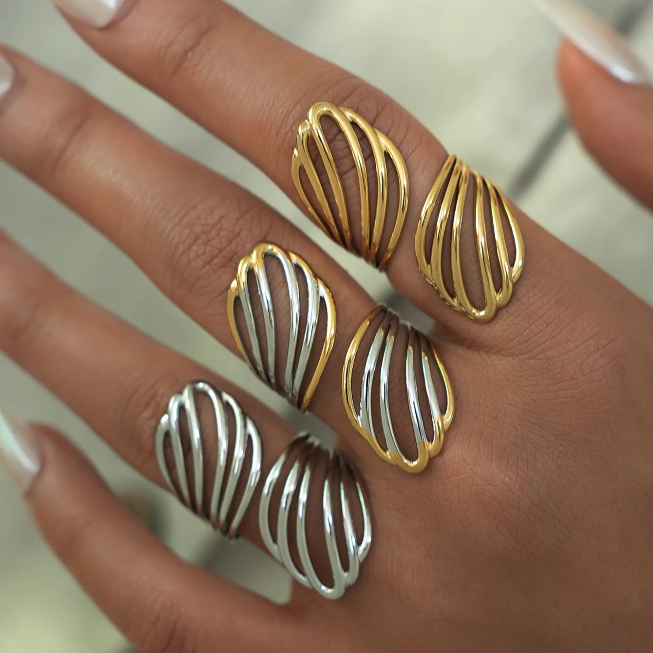 Bagues ouvertes géométriques en acier inoxydable lisse pour femmes, ligne creuse, Punk, cadeau de fête de fiançailles, accessoires de bijoux de tempérament