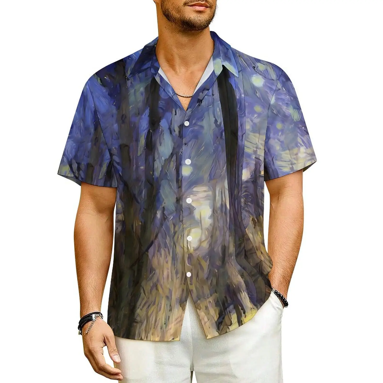 

Sunset Forest Hawaii Shirt For Male Beach Van Gogh Casual Shirts Short Sleeve Harajuku Printed Retro Oversized Blouses