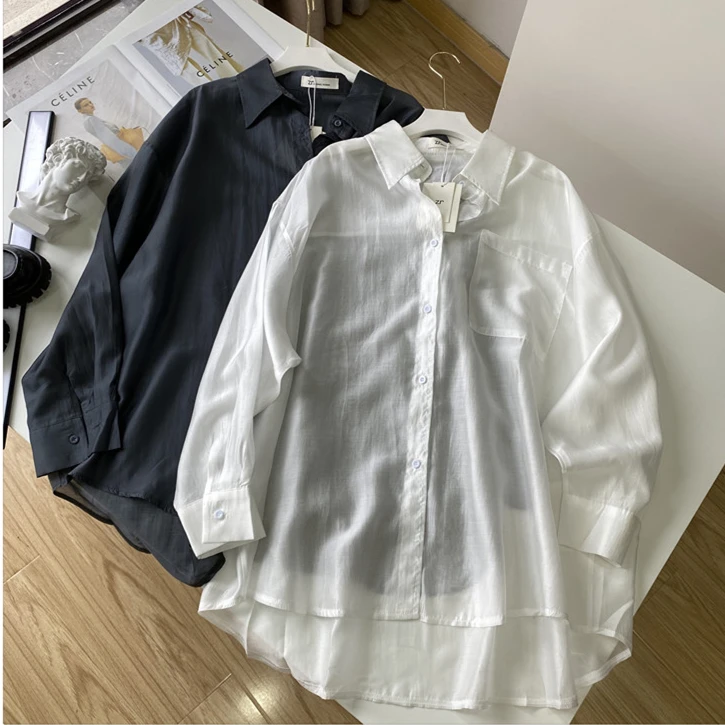 Spring Rayon New Women's Turn-down Collar Shirts Long Sleeves Sagging Sensation Loose Fit Versatile Lightweight Solid Coats