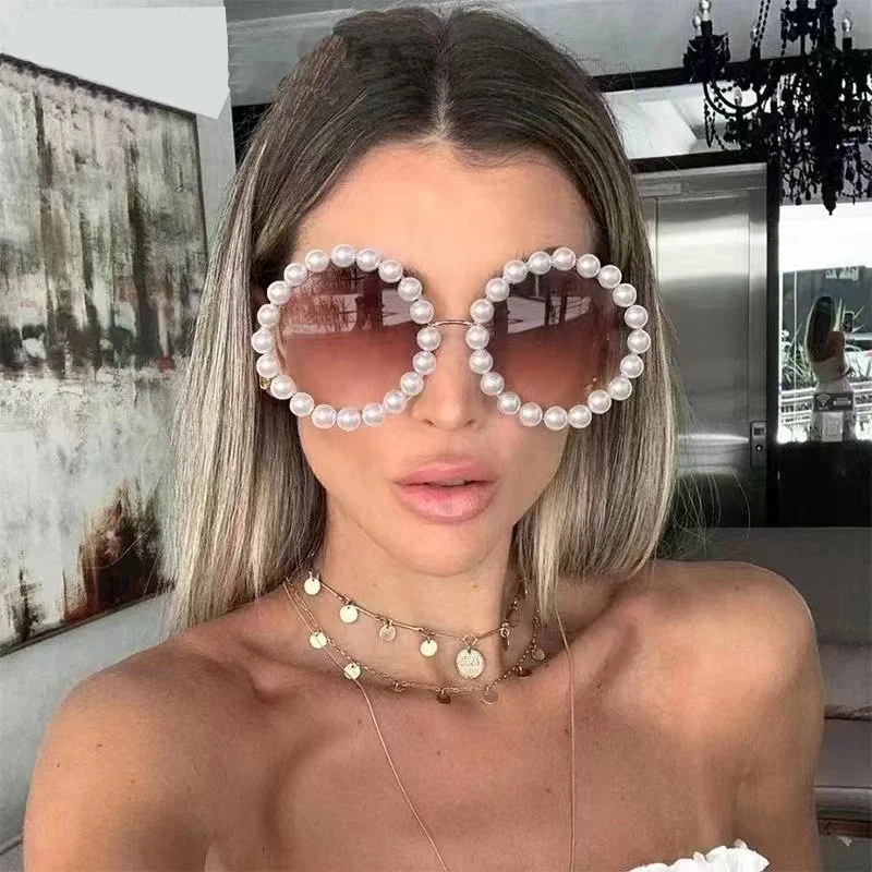 Pearl Round Framed Sunglasses Ins Stylish Wavy Leg Gradient Sunglasses UV400