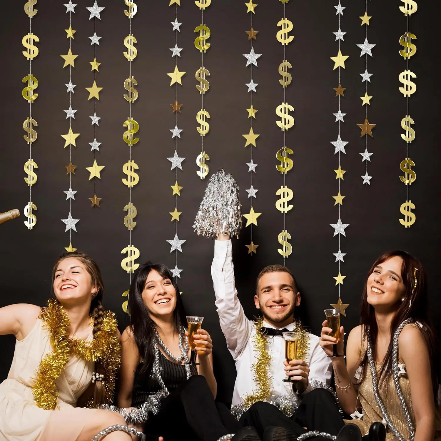 Gold Dollar Sign Hanging Garland, Metallic Money Symbol Streamer Curtain for Birthday Party Wall Decor view 4