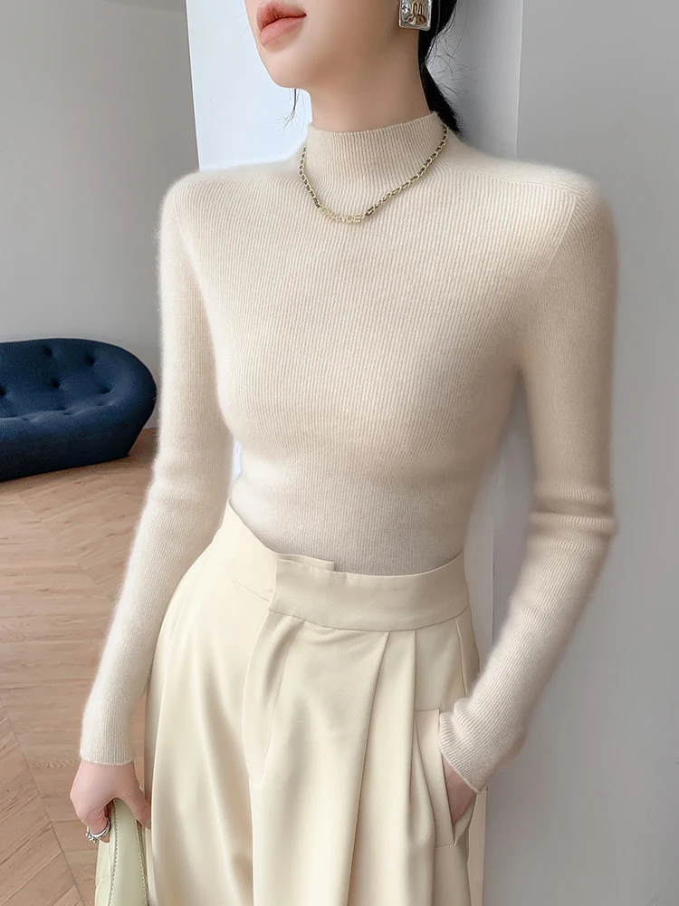 Women 100% Cashmere Sweater Mock Neck Pullover Autumn Winter Slim Basic Cashmere Knitwear Soft Warm High Strecth Pullover Tops