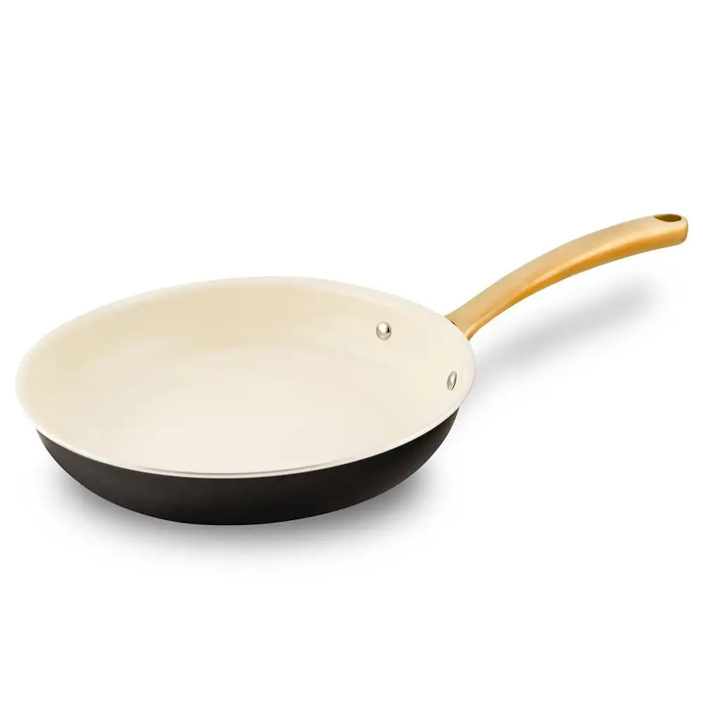 

10 Medium Skillet Nonstick Frying Pan with Golden Titanium Coated Silicone Handle